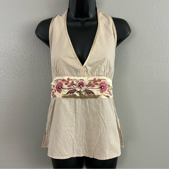Rampage Tops - Rampage Cream Embroidered Halter Tank Top with Pink Accents